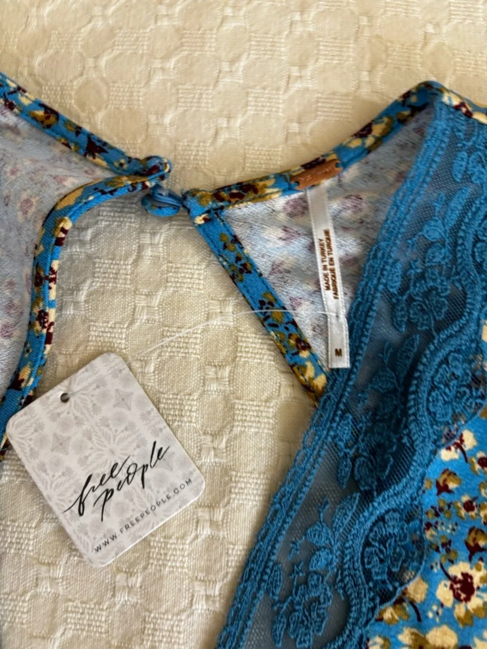 Free People Blue Floral Lace-Trim Open-Back Mini Dress - Picture 5 of 12